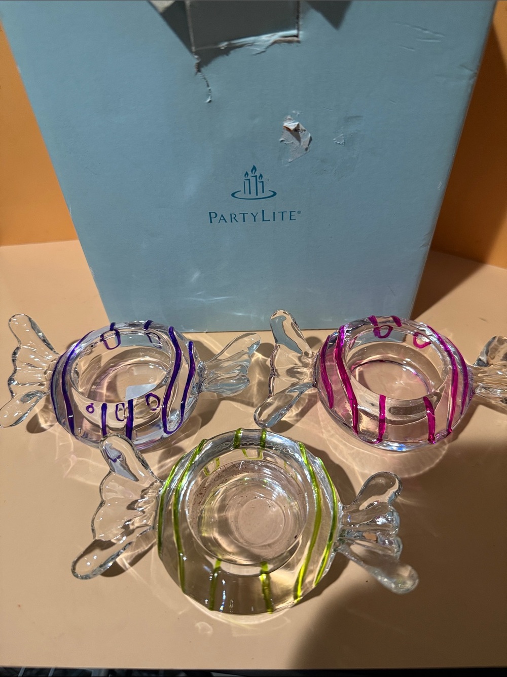 PartyLite Handblown Glass Candy Dish Trio - Purple, Pink, Green Candle Holders